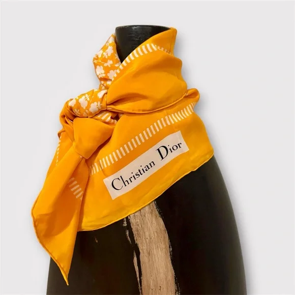 CHRISTIAN DIOR Rare Vintage Christian Dior Golden Silk Scarf 32” Paris Made - Picture 3 of 9